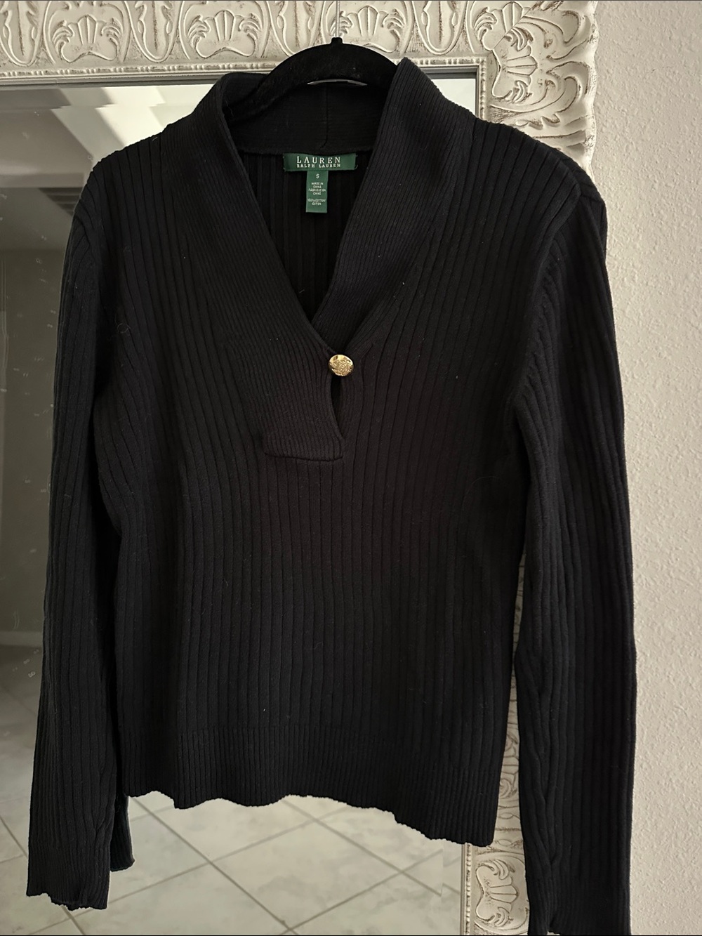 Lauren Ralph Lauren Black Ribbed Sweater with Gold Button